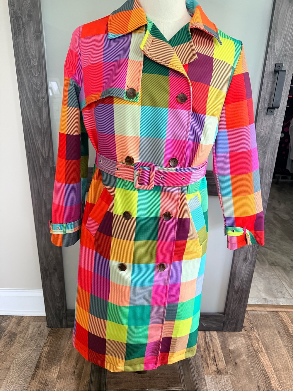 Boden Inspired Multi Neon Belted Trench Coat Size Medium